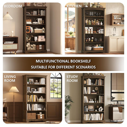 TVU 5-Tier Wooden Bookshelf, 31.5" W x 65" H ×9.9" D Bookshelf with Storage, Floor Standing Modern Style Display Bookcase for Living Room, Office, Study Room, Entryway, Brown