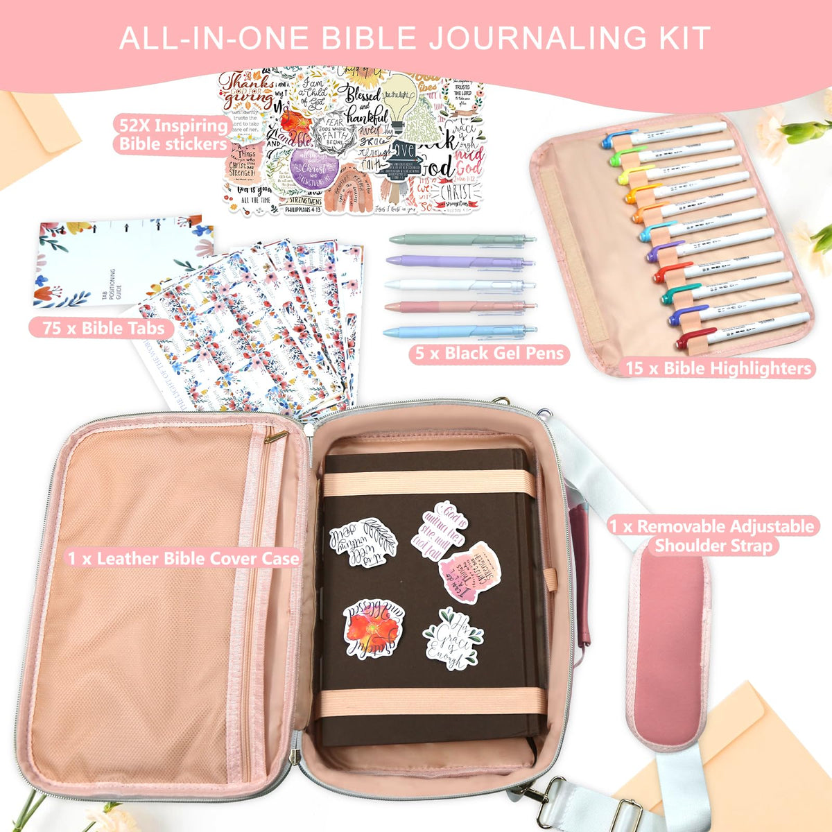 WOBAGMEN Bible Cover Case for Women,Large Leather Bible Book Covers with Bible Study Supplies, Bible Study Accessories Bible Journaling Kit,Pink Church Bag Christian Gifts for Women