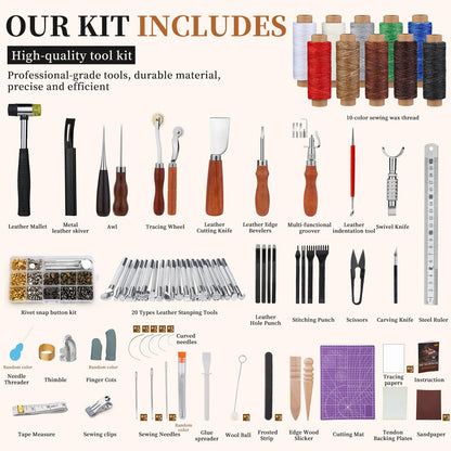 SHWAKK Leather Working Tools, All in One Leather Tooling Kit, Complete LeatherCraft Kit with Storage Bag, Stamping Tools for Sewing, Carving, Punching Stamping for Making and Handicrafts