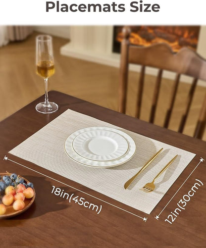Leetaltree Beige White Placemats Set of 8 - Heat Resistant Non-Slip Place mats for Dining Table, Washable Durable PVC Vinyl Woven Table Mats(Beige White, 8)