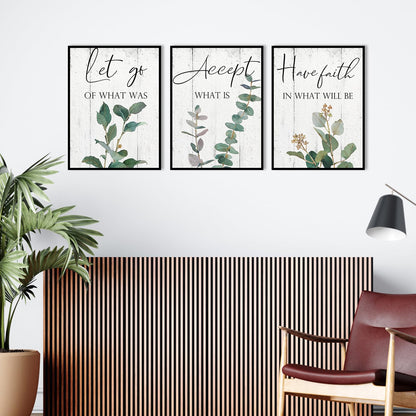 Inspirational Wall Art Office Decor: 3 Piece Motivational Quotes Wall Art 12"x16",Accept Let Go Have Faith Wall Decor for Office,Eucalyptus Pictures Framed Hanging Inspirational Posters for Bedroom
