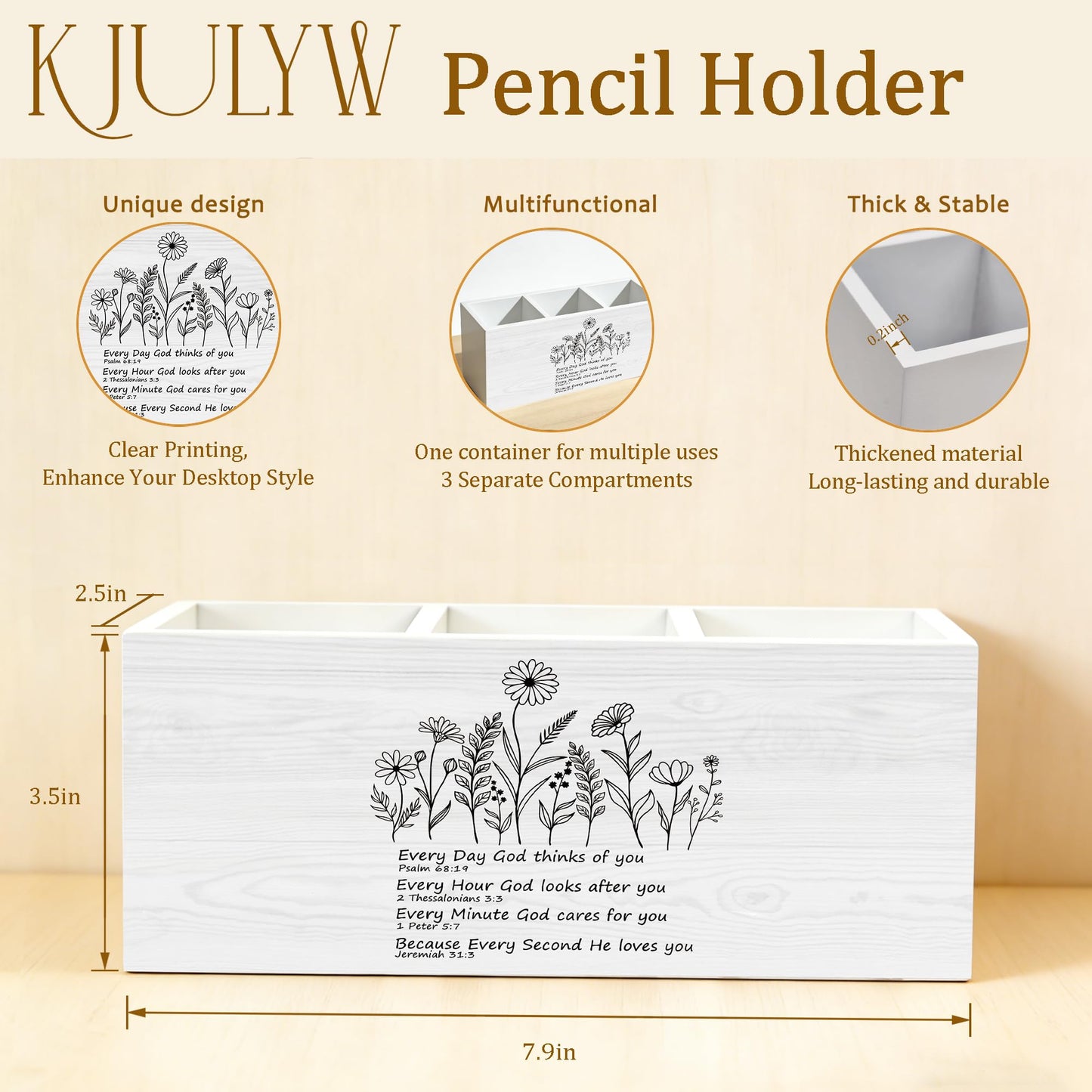 KJULYW Christian Wildflower Pen Holder for Desk, Christian Gifts for Women Faith, Inspirational Bible Verse Wooden Box Pencil Pen Holder Organizer for Home Office Desk Accessories