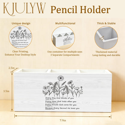 KJULYW Christian Wildflower Pen Holder for Desk, Christian Gifts for Women Faith, Inspirational Bible Verse Wooden Box Pencil Pen Holder Organizer for Home Office Desk Accessories