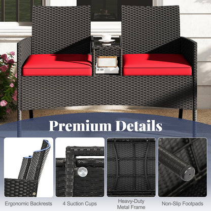 Tangkula Patio Loveseat with Built-in Table, Wicker 2-Seat Furniture with Soft Cushions & Tempered Glass Tabletop, Metal Frame Outdoor Conversation Seating Bench for Backyard, Porch