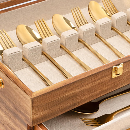 Yoimori Silverware Storage Box, 3-Layer Flatware Storage Case with Drawer, Wooden Silverware Chest with Handle and Linen Liner, Rustic Silverware Case for Storing Fine Flatware and Utensils (Brown)
