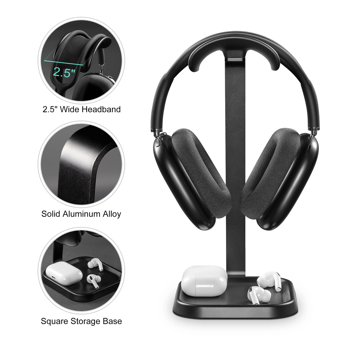 QinCoon Headphone Stand, Curved Headset Stand with Storage Tray, Gaming Headset Holder for AirPods Max, AirPods Max 2, AirPods, AirPods Pro, Beats, Bose, Sony and More (Black)