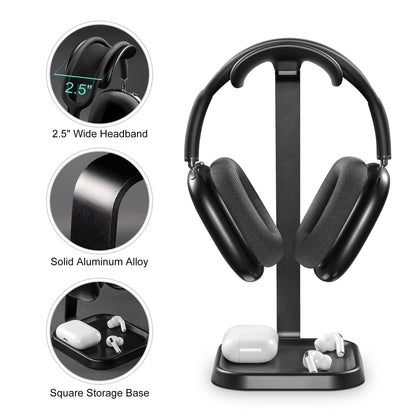 QinCoon Headphone Stand, Curved Headset Stand with Storage Tray, Gaming Headset Holder for AirPods Max, AirPods Max 2, AirPods, AirPods Pro, Beats, Bose, Sony and More (Black)