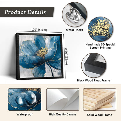 llribbons Framed Flower Wall Art Hand Painted Elegant Blue Peony Floral Canvas Pictures Indigo Gold Painting 3D Textured Prints Artwork for Living Room Bedroom Bathroom Office Home Decor 20" x 20"