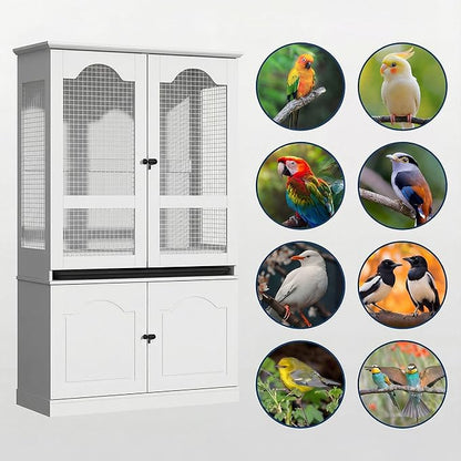 Large Bird Cage with Adjustable Storage Cabinet, White Flight Parakeet Parrot Cage with Pull-Out Tray and 3-Side Iron Mesh Design, DIY-Friendly, Tall Wide Bird Cages for Cockatiels, Finches