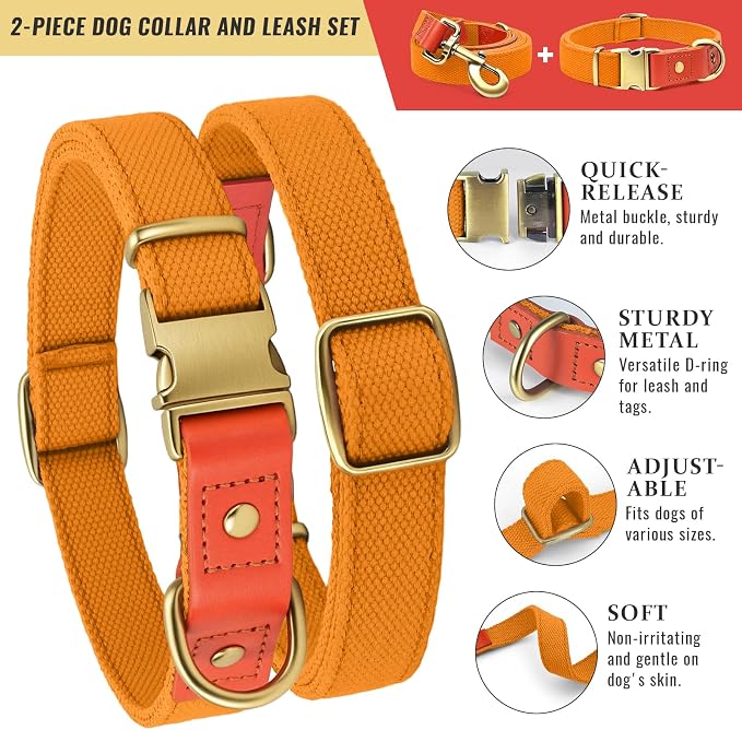 Dog Collar and Leash Set with Metal Quick Release Buckle, Adjustable, Breathable Nylon, Durable, Soft and Comfortable, No Pull for Walking and Training, Orange, XL (16.9"-26")