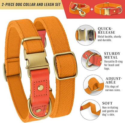 Dog Collar and Leash Set with Metal Quick Release Buckle, Adjustable, Breathable Nylon, Durable, Soft and Comfortable, No Pull for Walking and Training, Orange, XL (16.9"-26")