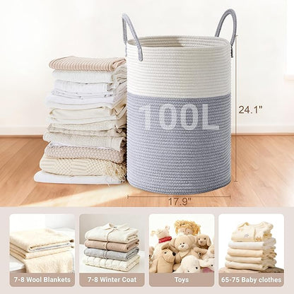 Tall Laundry Basket with Handles, 100L Portable Dirty Clothes Hamper, Boho