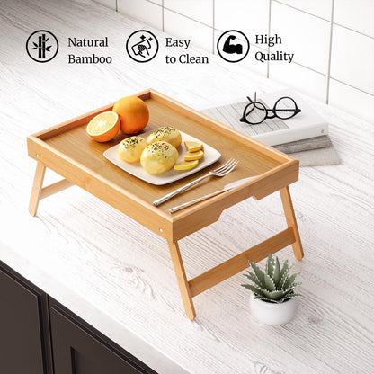 VERTORGAN 3 Pack Bamboo Bed Tray Table with Folding Legs,Breakfast Trays,Serving Tray,Laptop Tray for Working,Food Snack Tray for Bed and Sofa(Natural)