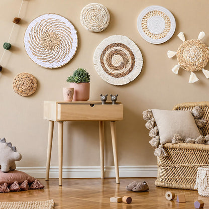 Oqqlin 7 Pcs Boho Wall Basket Decor, Handmade Seagrass Rattan Wicker Wall Decor Flat Round Rustic Woven Hanging Art for Bedroom, Kitchen, Living Room, Office Decorations
