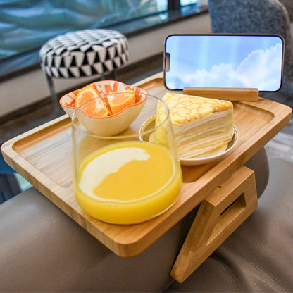 Couch Arm Tray Table Clip on Sofa, Armrest TV Tray Table with 360° Rotating Phone Holder, Solid Bamboo Side Table for Wide Couches Arm, Gift for Mom Dad or Friends，Fits Sofa Arms 6-10 inches Wide