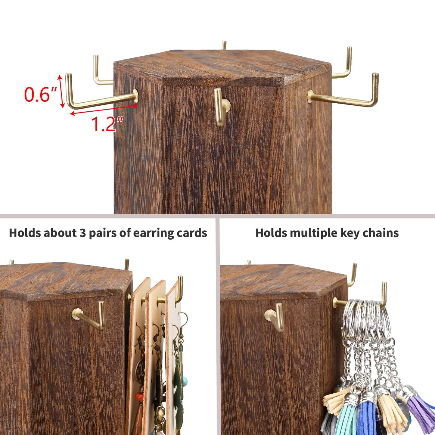 Ikee Design Free Assemble 24 Hooks Wood Hexagon 6 Sided Rotating Jewelry Display Stand Tower for Earrings,Bracelets, Keychain Earring Display Stand for Selling, Showcase, Brown Color