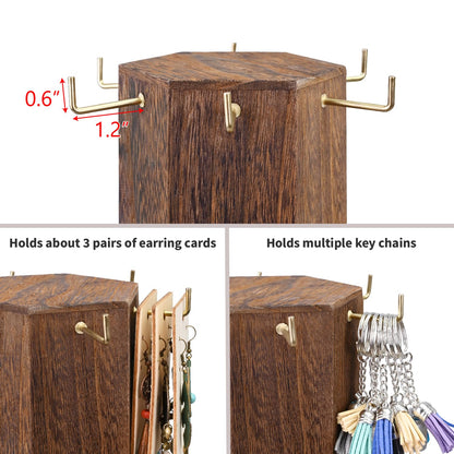 Ikee Design Free Assemble 24 Hooks Wood Hexagon 6 Sided Rotating Jewelry Display Stand Tower for Earrings,Bracelets, Keychain Earring Display Stand for Selling, Showcase, Brown Color