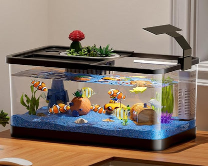 5.3 Gallon Fish Tank, 9 in 1 Betta Fish Tank, Aquarium with LED Full Spectrum 3 Color Light, 3 Modes Filter, Hydroponic Basket, Fishing Net, Shells, Aquatic Plant, Coral, Pebbles, Starter Kit (Black)