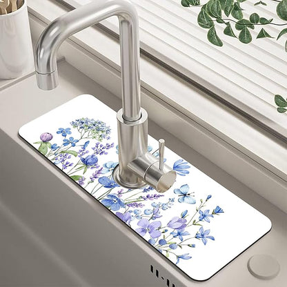 Watercolor Floral Butterfly Sink Faucet Absorbing Mat Sink Splash Guard Faucet