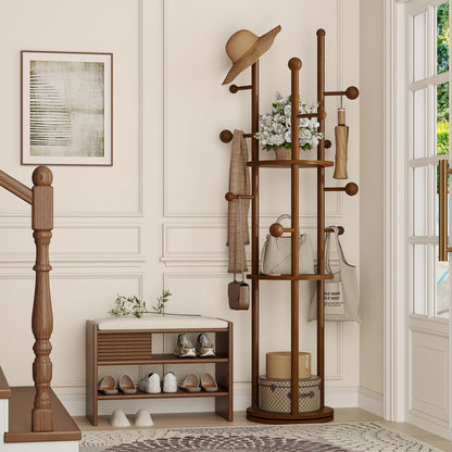 FROMJBEST Solid Wood Coat Rack Freestanding Rotating Clothes Rack with 9 Hooks & 3 Storage Shelves for Purse, Bag, Hat, Coat Hanger Stand for Entryway, Hallway, Office, Mid-Centry, Walnut
