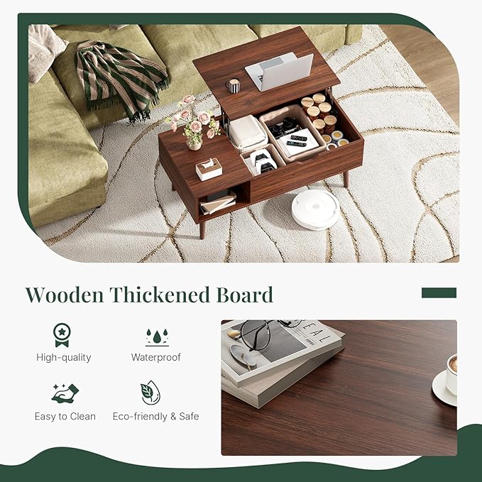 Wood Lift Top Coffee Table with Hidden Storage Compartment & Open Shelf, Multi-Functional Wooden Tabletop Dining Table for Living Room, Home Small Space