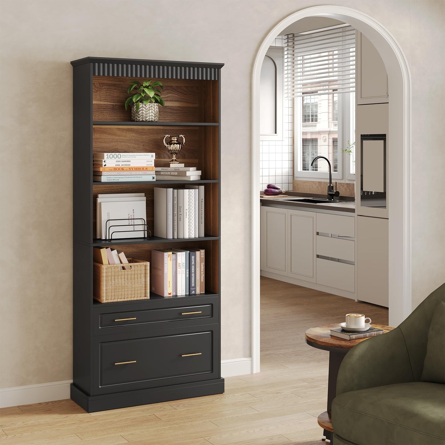 LITTLE TREE 72" Tall Black Bookcase, 5-Tier Office Bookself with File Cabinet Drawers,Modern Floor Standing Storage Filing Cabinet Book Shelf for Living Room,Bedroom