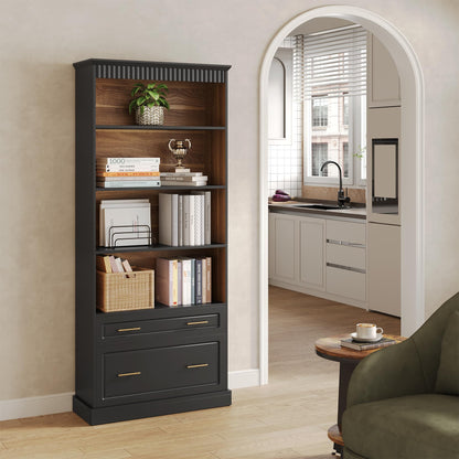 LITTLE TREE 72" Tall Black Bookcase, 5-Tier Office Bookself with File Cabinet Drawers,Modern Floor Standing Storage Filing Cabinet Book Shelf for Living Room,Bedroom