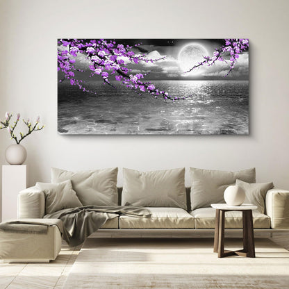 Large Purple Wall Art Decor for Living Room Bedroom Framed Black and White Seascape Full Moon Purple Flower Painting Canvas Picture Modern Hand-Painted Plum Blossom Artwork for Home Office 24x48