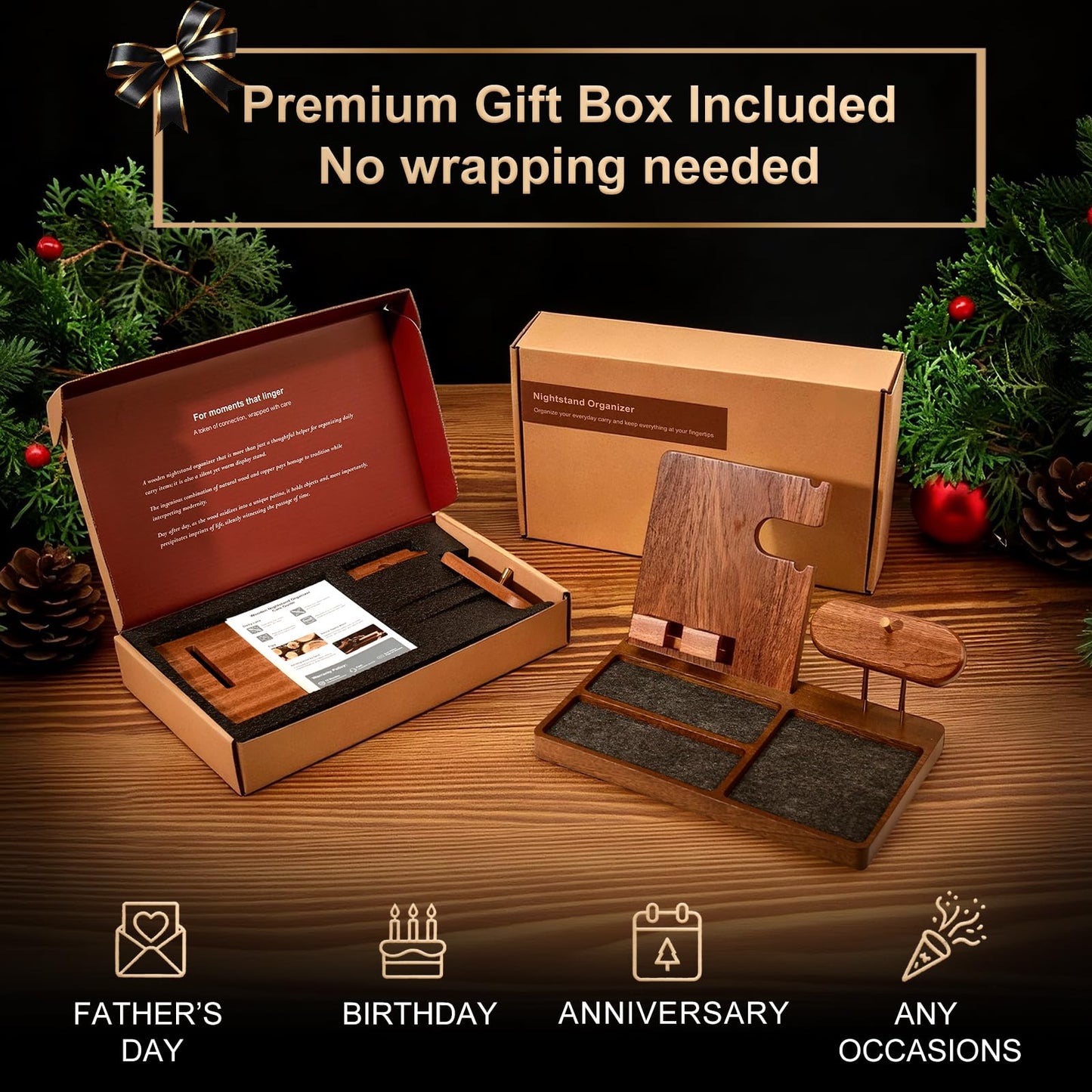 IKIKAKI Wood Nightstand Organizer for Men, Fathers Day Gift for Dad Husband, Birthday Anniversary Retirement Idea, Desk & Bedside EDC Tray for Key Wallet Watch