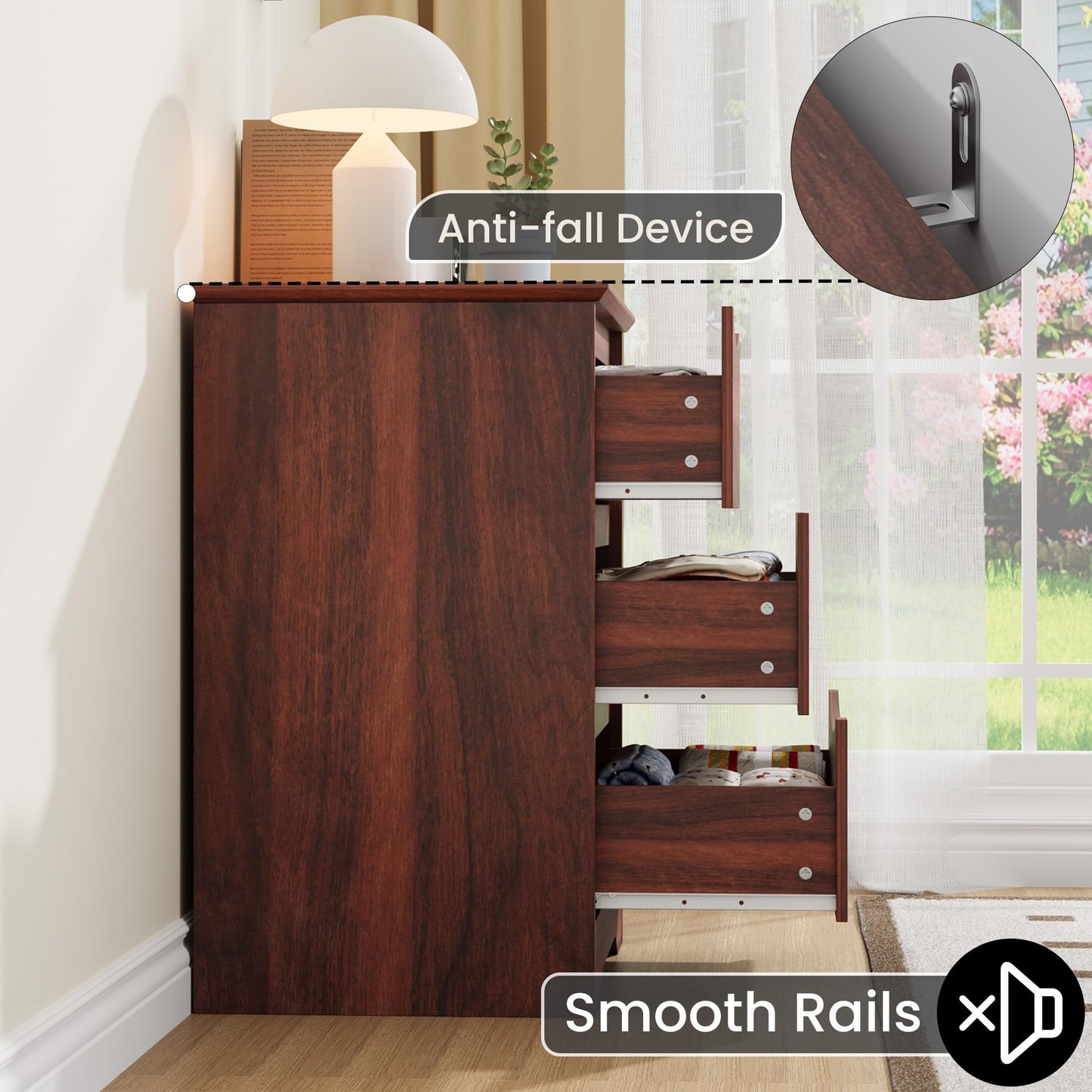 Garvee Wooden Dresser with 3 Drawers, Tall Modern Closet with Deep Storage, Large Chest of Drawers with Wide Top, Long Storage Dresser for Bedroom, Living Room, Hallway, Kids Room, Red Walnut