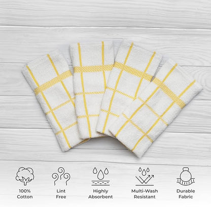 100% Cotton Terry Dish Towels, 4 Pack Checks, 16 x26 Inches, Super Soft and