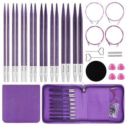 BsHooker Interchangeable Circular Knitting Needles Set with Case,3.5mm-6.5mm Birch Wood Knitting Needles Set with Cables,Complete Accessories