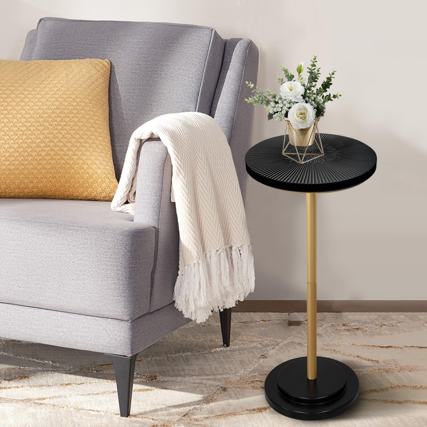 COVLON Drink Table, Small Pedestal Side Table with Wooden Carved Top for Living Room, Bedroom, Small Space, Gold and Black