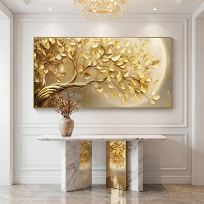 BirdSuite Gold Framed Golden Leaf Money Tree Wall Art, Luxury 3D Effect Canvas Print, Ready to Hang Wall Decor for Living Room Bedroom Office Dining Room Entryway, 58x29 Inch