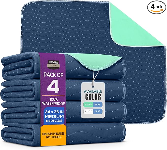Utopia Bedding Washable Pee Pads for Dogs 34" x 36" (Pack of 4), Waterproof Incontinence Bed Pads for Adults, Elderly and Kids, Heavy Absorbency Pet Training Pads for Sofa and Couch (Navy, Green)