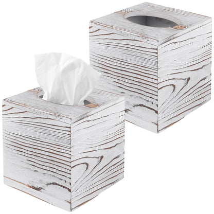SENJEOK 2 Pack Wooden Tissue Box Cover Square, 5.5 x 5.5 x 6.1 Inch White Tissue Box Holder for Home Office Bathroom