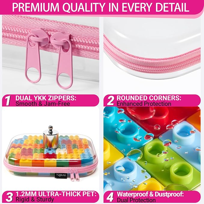 YQBRAO 4-Pack Clear Diaper Bag Organizer Pouches, 1.2mm Ultra-Thick PET Travel Pouches for Toiletries & Makeup, Rigid Self-Standing Bags with YKK Zippers, TSA Approved (Pink)