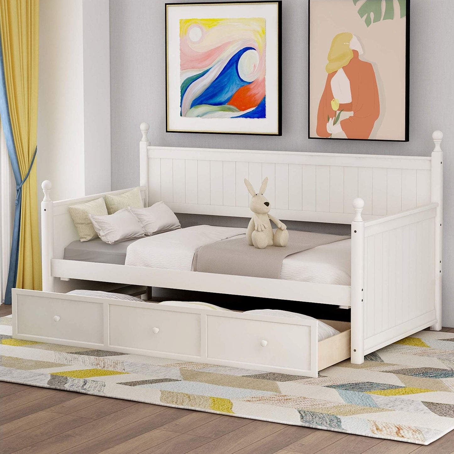 Ball & Cast Twin Size Daybed with Two Storage Drawers, Wooden Day Bed Frame with Slatted Backrest and Armrest, Mordern Sofa Bed with Clean Lines, No Box Spring Needed,White