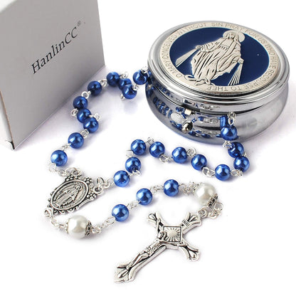 HanlinCC 6mm Glass Pearl Beads with 8mm Our Father Beads with Caps Rosary Necklace Pack in Miraculous Metal Gift Box (Blue Rosary with Miraculous Gift Box)