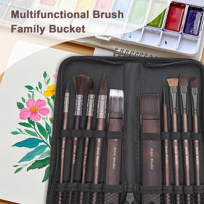 10 Pieces Paint Brush Set, Artist Series, Nylon Bristles with Round, Flat, Fan, Angle, Detail Brush, Suitable for Artists and Beginners for Acrylic Painting, Oil, Watercolor, Gouache(Black)