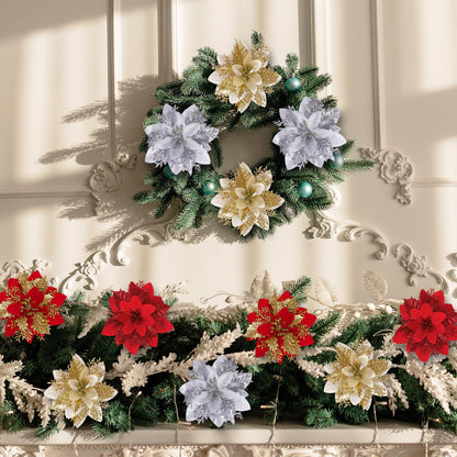 48 Pcs Christmas Poinsettia Artificial Flowers with Clips 5.5" Christmas Tree Wreaths Garland Decoration Glitter Flowers Picks Decor with Stems for DIY Xmas Wreath New Year Holiday Home Party Decor