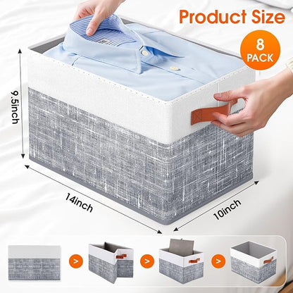Fab totes Collapsible Storage Baskets for Shelves,14"x10", 8 Pack Foldable Fabric Storage Bins with Double Leather Handles, Large Baskets for Organizing Books, Clothes, White & Grey