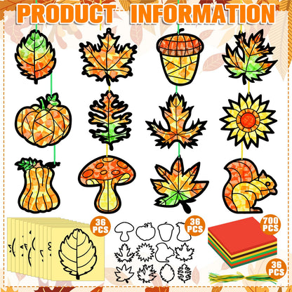 AmazingSpark 36 Set Thanksgiving Harvest Fall Suncatcher Paper Crafts Kit DIY Autumn Leaf Pumpkin Stained Glass Effect Tissue Paper Hanging Suncatchers Decor for Autumn Festival Art Party Supplies