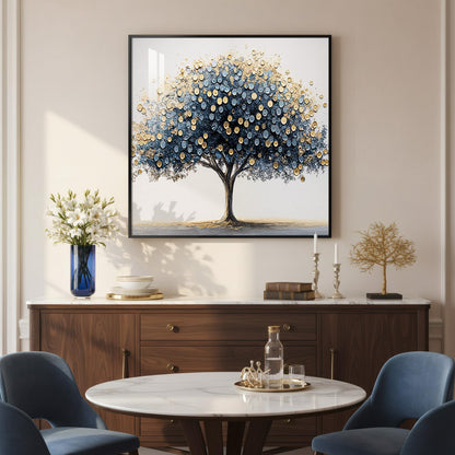 Framed Square Tree of Life Wall Art, Blue Gold Modern Money Tree Painting Prints, Minimalist Elegant Luxury Abstract Tree Artwork for Living Room Bedroom Kitchen Hallway Office Home Decor, 30x30 Inch