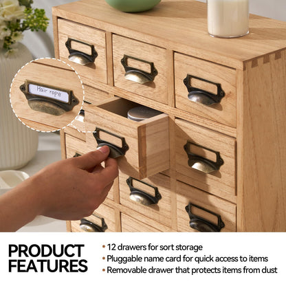 KIRIGEN Wood Drawer Organizer Desktop Storage Cabinet Box Drawers for Home Office Desk Organization and Storage 12 Drawer Mini Chest with Metal Handles Natural(12CG-NA)