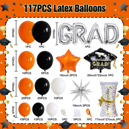 Orange Graduation Balloons Garland Arch Kit, 117PC Orange Black White Graduation Star Print Certificate Grad Foil Balloon with Silver Explosion Star Balloon for Graduate Class of 2026 Prom Party Decor
