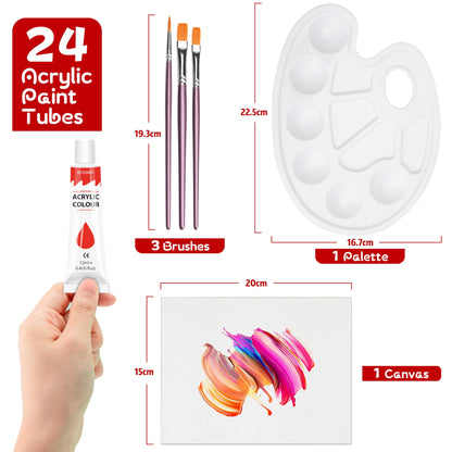 Acrylic Paint Set with 3 Paint Brushes, 24×12ml Colors Premium Paint Set with 1 Palette 1 Canvas Boards, Art Painting Kits for Adults, Paints Supplies for Canvas Rock Painting Craft Art Class
