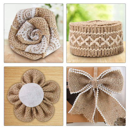 VGOODALL 16 PCS Natural Burlap Flowers Set, Including 12 PCS Handmade Lace Burlap Flowers and Bowknots, 4 Rolls Burlap Ribbon for Christmas Birthday Party Wedding Home Embellishment DIY Crafts
