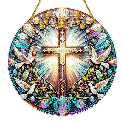 DIY Diamond Art Painting Wreath Kits，Special Shaped Rhinestone Hanging Ornament Diamond Art Acrylic Window Pendants for Gift Home Garden Wall Hanging Kits(Cross-1)