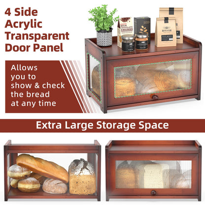 BAMBANG Bamboo Bread Box for Kitchen Countertop, Extra Large Farmhouse Bread Box with 4-Side Clear Panels, Wooden Bread Storage Container for Homemade Bread, Brown